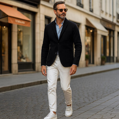 Giancarlo Soft Knit Blazer in black with premium soft knit fabric and slim silhouette – Polumi modern men’s blazer.