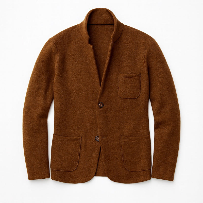 Giancarlo Soft Knit Blazer in brown – premium knit blazer for men by Polumi, displayed flat to showcase refined structure and craftsmanship.