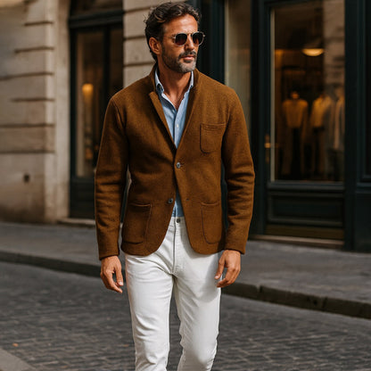 Giancarlo Soft Knit Blazer in brown with soft wool texture and notch lapel – Polumi refined men’s fashion.