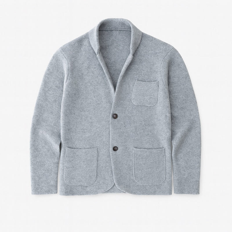 Giancarlo Soft Knit Blazer in gray – minimalist Italian design by Polumi, photographed flat to emphasize soft wool-blend texture.