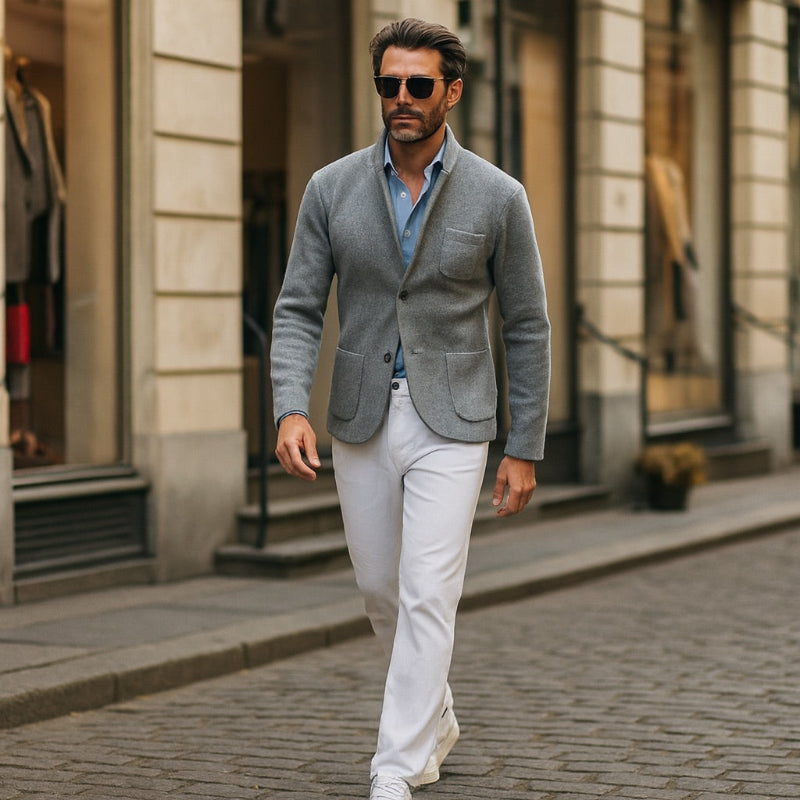 Giancarlo Soft Knit Blazer in gray featuring minimalist Italian design – Polumi men’s smart casual jacket.