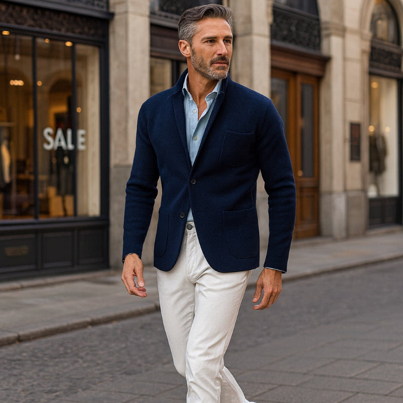 Giancarlo Soft Knit Blazer in navy blue with modern tailored fit – Polumi men’s elegant casual blazer.