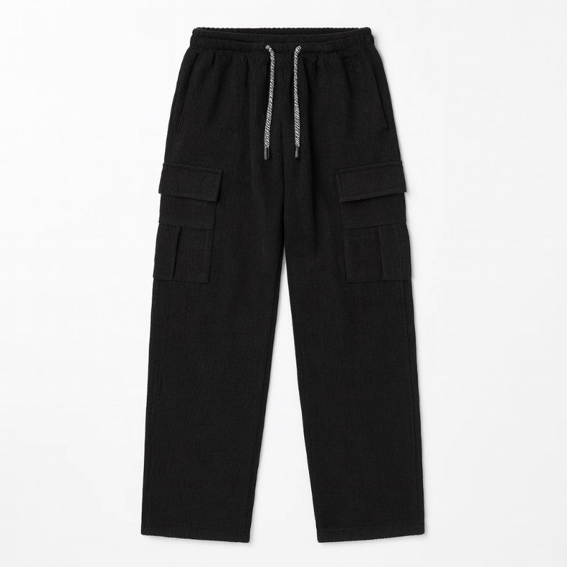 Giuseppe Comfort Cargo Sweats in black by Polumi — relaxed fit men’s fleece cargo pants shown flat for detailed texture view.