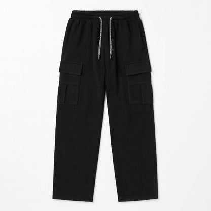 Giuseppe Comfort Cargo Sweats in black by Polumi — relaxed fit men’s fleece cargo pants shown flat for detailed texture view.