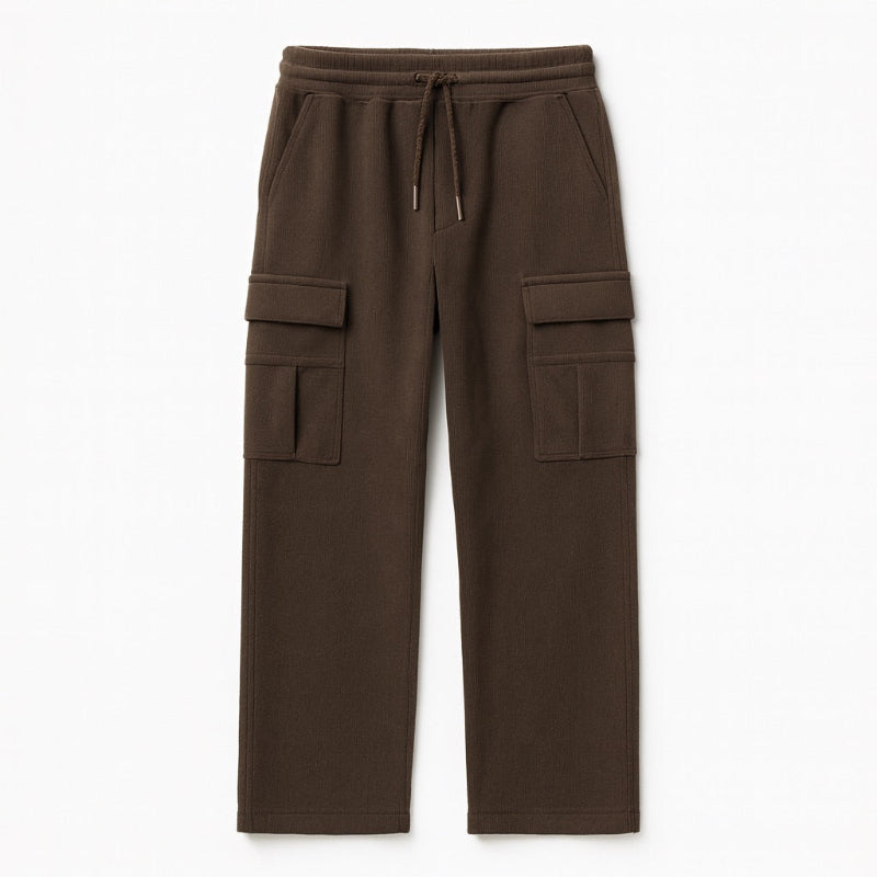 Giuseppe Comfort Cargo Sweats in brown — men’s fleece cargo trousers by Polumi, displayed flat to highlight soft material and design lines.