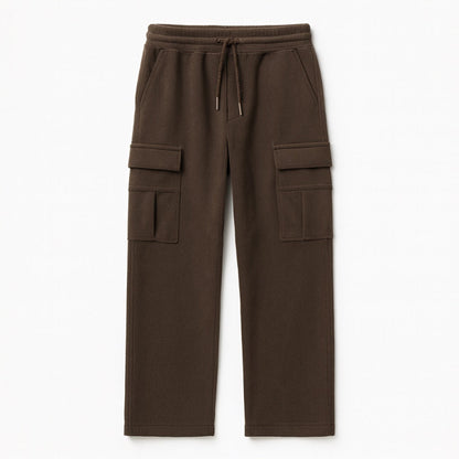 Giuseppe Comfort Cargo Sweats in brown — men’s fleece cargo trousers by Polumi, displayed flat to highlight soft material and design lines.