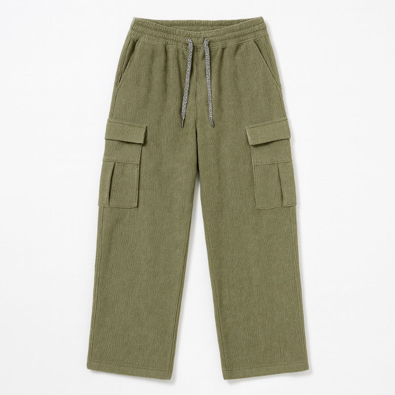 Polumi Giuseppe Comfort Cargo Sweats in green — men’s corduroy fleece pants with utility pockets, displayed flat on white background.