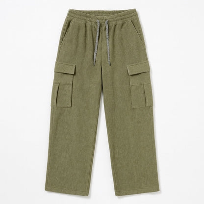 Polumi Giuseppe Comfort Cargo Sweats in green — men’s corduroy fleece pants with utility pockets, displayed flat on white background.