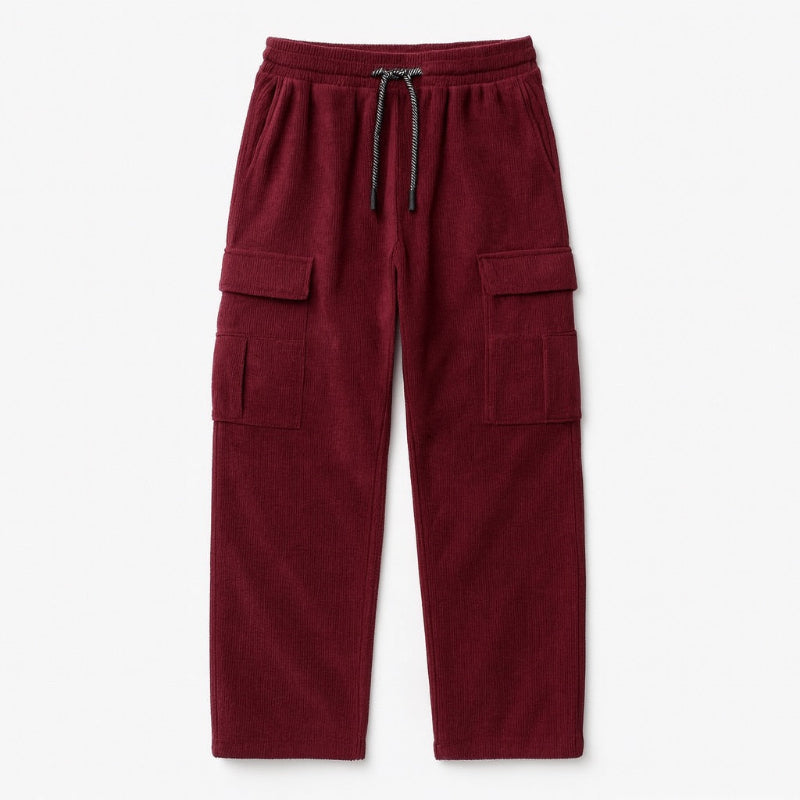 Polumi Giuseppe Comfort Cargo Sweats in purpura red — men’s streetwear joggers with cargo pockets, neatly laid flat on light surface.