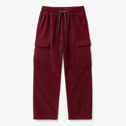 Polumi Giuseppe Comfort Cargo Sweats in purpura red — men’s streetwear joggers with cargo pockets, neatly laid flat on light surface.