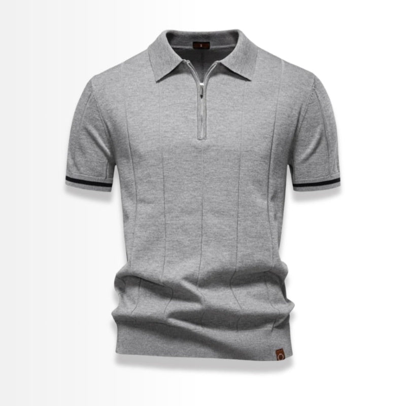 Gray knit polo shirt for men with short sleeves and zip collar.