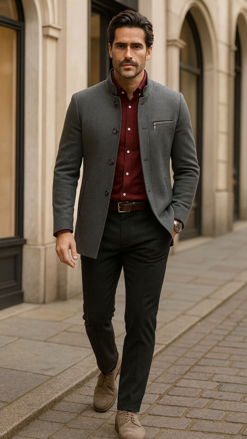 Men’s charcoal gray mandarin collar jacket with burgundy shirt and tailored trousers — sophisticated modern European street style by Polumi