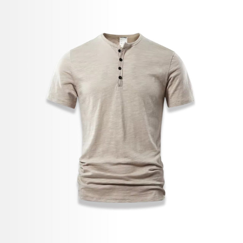 Beige Henley T-shirt with button placket – front view on white background.