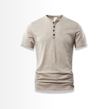 Beige Henley T-shirt with button placket – front view on white background.
