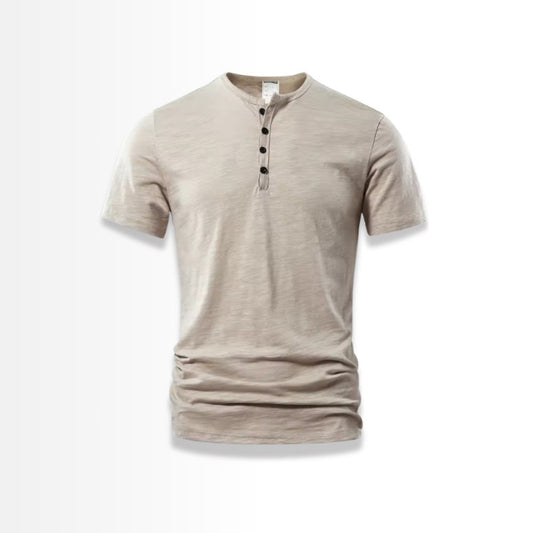 Beige Henley T-shirt with button placket – front view on white background.