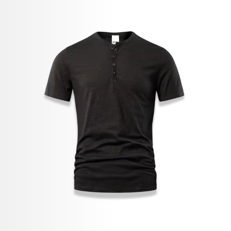  Black Henley T-shirt with button placket – front view on white background.
