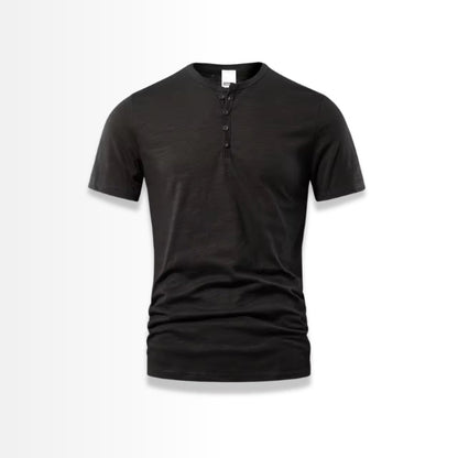  Black Henley T-shirt with button placket – front view on white background.