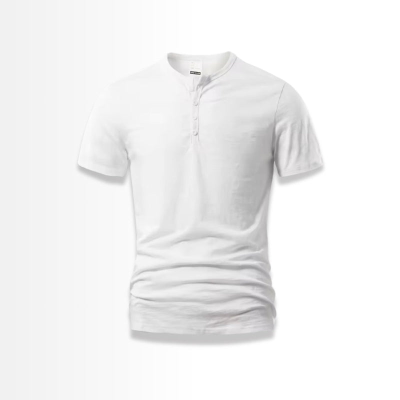 White Henley T-shirt with button placket – front view on white background.