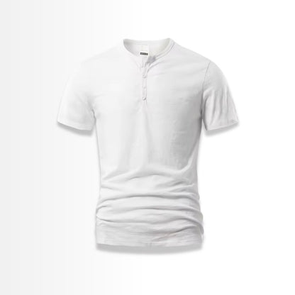 White Henley T-shirt with button placket – front view on white background.