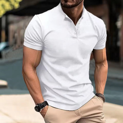 Man wearing white Henley T-shirt with button placket – casual street style outfit.