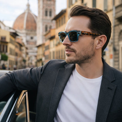 Model in Italy with Rome in the background wearing Cristian Ray Polarized Sunglasses