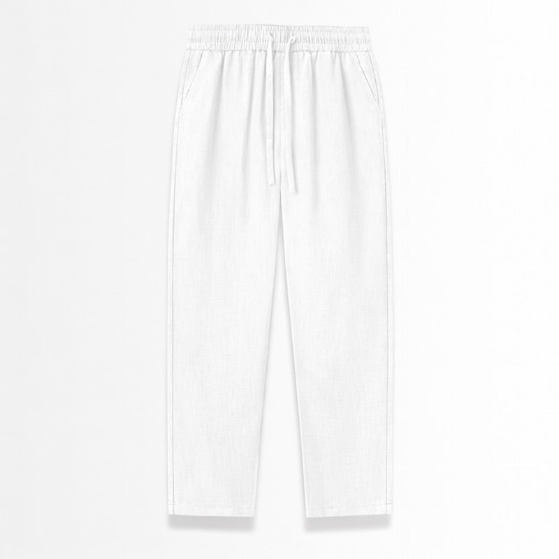 White linen pants on a light gray background