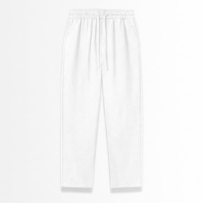 White linen pants on a light gray background