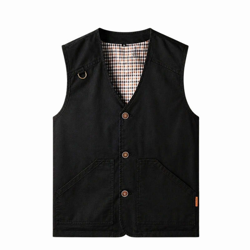 A black canvas utility vest with a V-neck, three brown buttons, and two front patch pockets, shown flat on a white background.