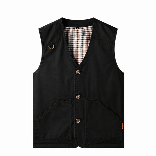 A black canvas utility vest with a V-neck, three brown buttons, and two front patch pockets, shown flat on a white background.