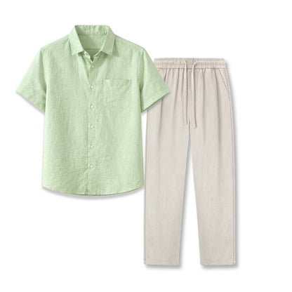 MInt green shirt and beige pants on a white background