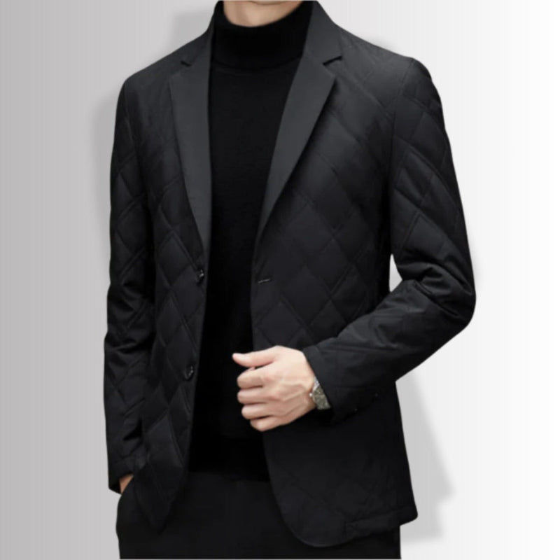 Leonardo Warm Blazer Jacket in black, side view highlighting diamond quilt stitching and sleek fit.