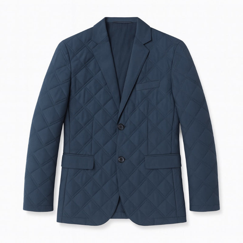 Leonardo Warm Blazer Jacket in navy blue, men’s quilted blazer flat lay with diamond stitching and lapel collar.