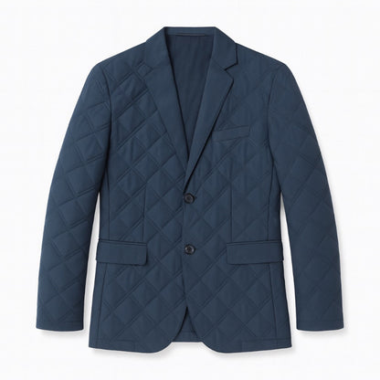 Leonardo Warm Blazer Jacket in navy blue, men’s quilted blazer flat lay with diamond stitching and lapel collar.