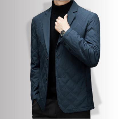 Leonardo Warm Blazer Jacket in navy, side view showing quilted pattern and premium button details.