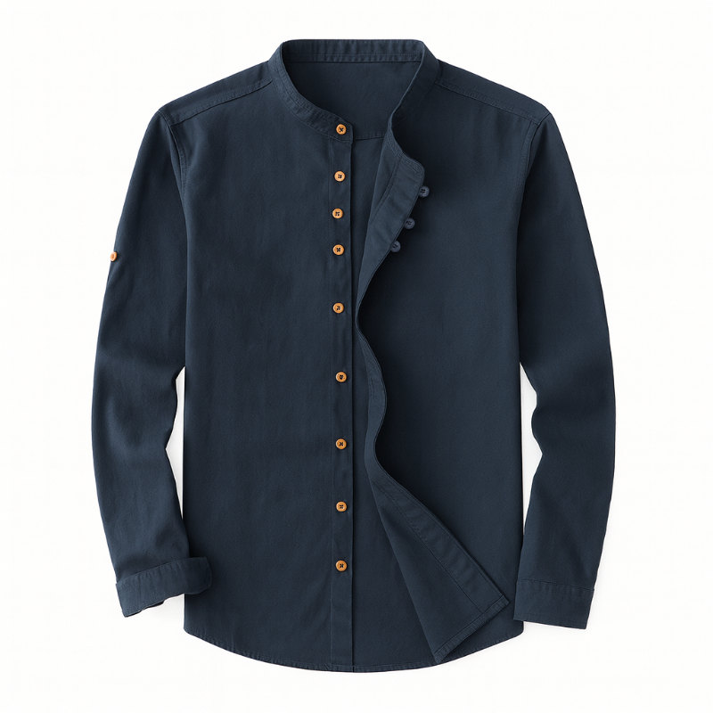 Elegant black button-up shirt with mandarin collar and wooden buttons by Polumi.