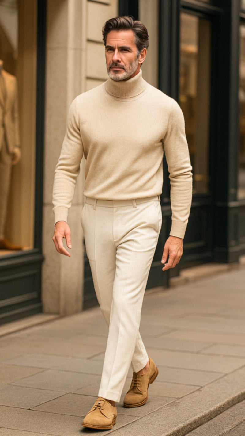Elegant beige monochrome outfit with the Enzo Merino Turtleneck from Polumi, paired with matching tailored trousers and suede derby shoes. Luxury menswear look designed for sophistication and comfort.