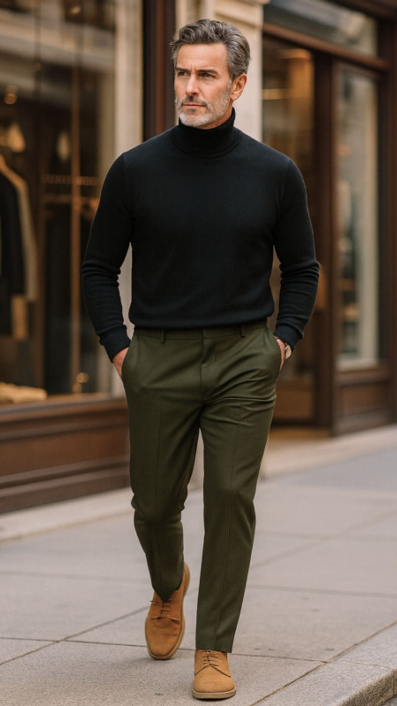 Polumi Enzo Merino Turtleneck in black combined with olive green tailored trousers and tan suede shoes. Modern business-casual menswear with a refined and confident attitude.
