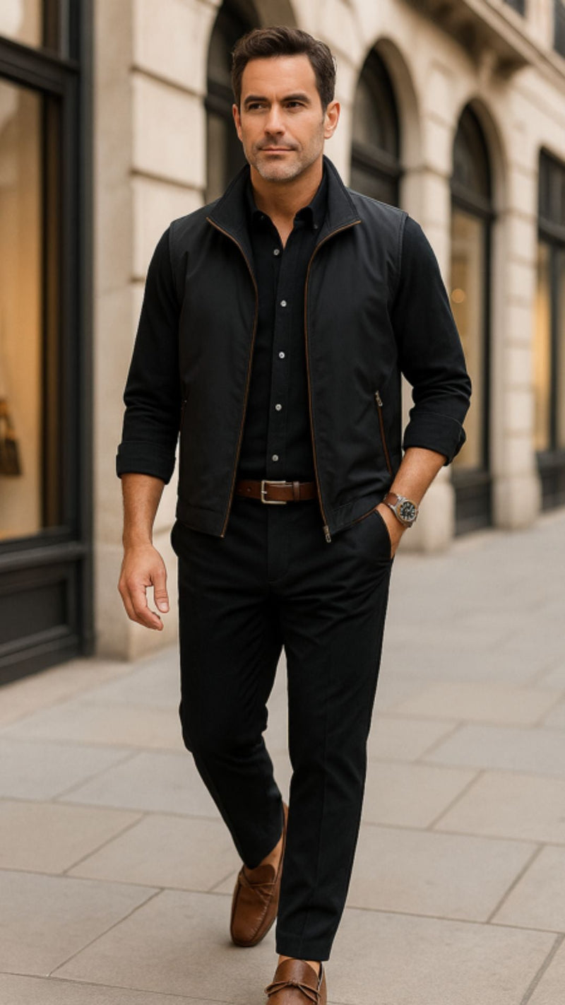Stylish man wearing the Luca Highland Adapt Vest in black by Polumi, paired with a black button-down shirt and slim black trousers. Modern minimalist all-black outfit for refined everyday elegance, shot in a luxury city street background. Menswear style inspiration for premium Gulf fashion shoppers.