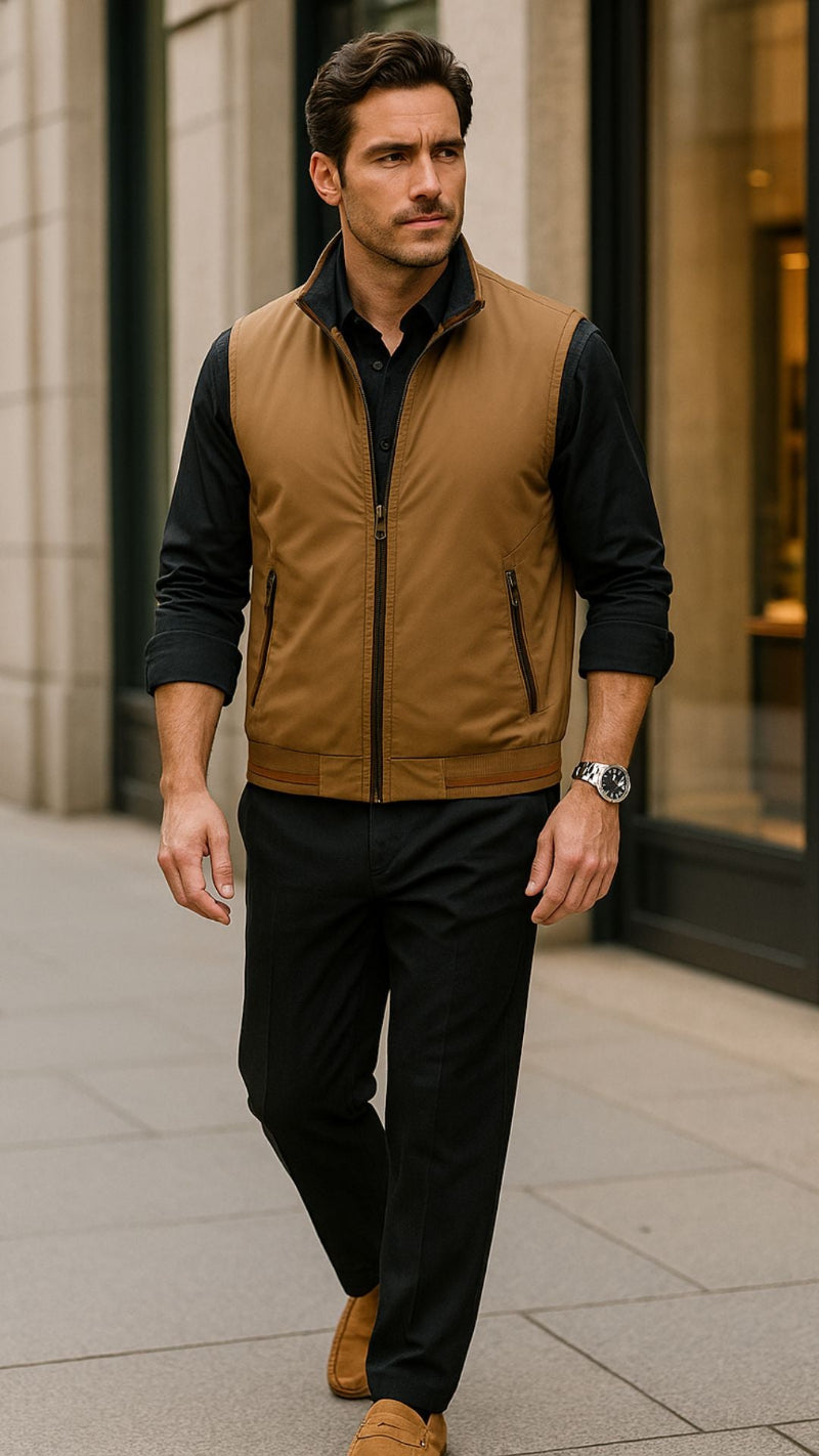 Elegant man wearing the Luca Highland Adapt Vest in camel by Polumi, paired with a black shirt and smart black trousers. Premium Italian-inspired menswear look for confident everyday style in luxury city setting.