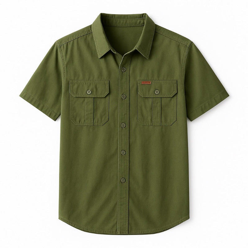 Army Green Luca Original Cargo Shirt – Italian men’s short sleeve utility shirt by Polumi with double front pockets