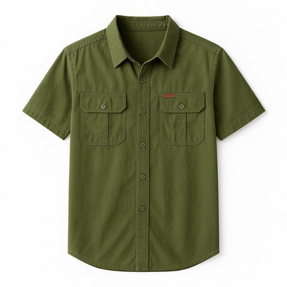 Army Green Luca Original Cargo Shirt – Italian men’s short sleeve utility shirt by Polumi with double front pockets