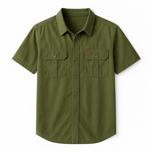 Army Green Luca Original Cargo Shirt – Italian men’s short sleeve utility shirt by Polumi with double front pockets