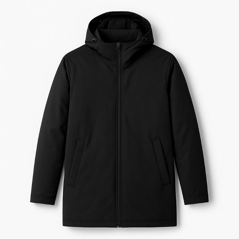Luca Original Warm Parka black – men's black winter parka with hood, clean design and soft padded interior by Polumi.