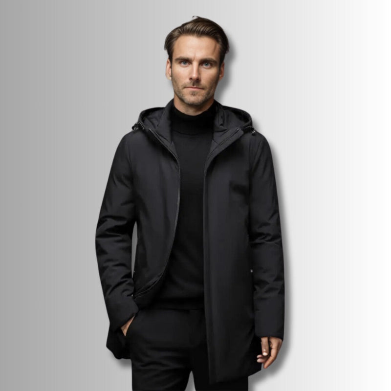 Luca Original Warm Parka black – men's black hooded parka with water-resistant outer shell and sleek tailored fit by Polumi.