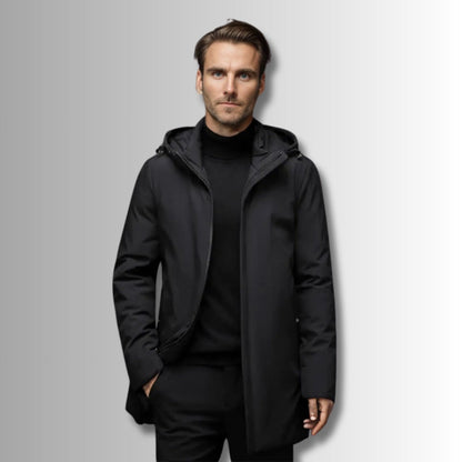 Luca Original Warm Parka black – men's black hooded parka with water-resistant outer shell and sleek tailored fit by Polumi.