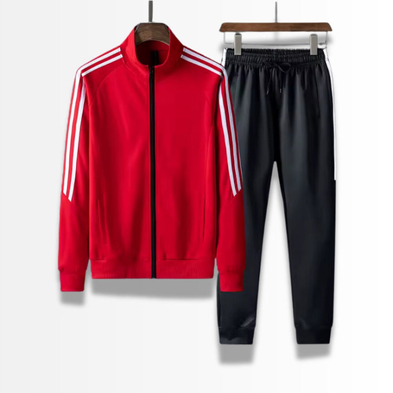 Luca Premium Tracksuit Set in red – sporty and stylish men’s tracksuit by Polumi featuring white side stripes and premium fabric.