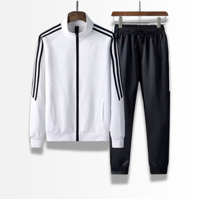 Luca Premium Tracksuit Set in white and black – modern men’s tracksuit by Polumi with contrast stripes and slim athletic fit.