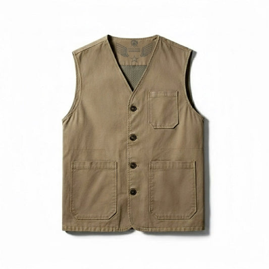 Luciano Men's Timeless Vest in beige cotton – elegant utility gilet for men with classic pockets by Polumi.
