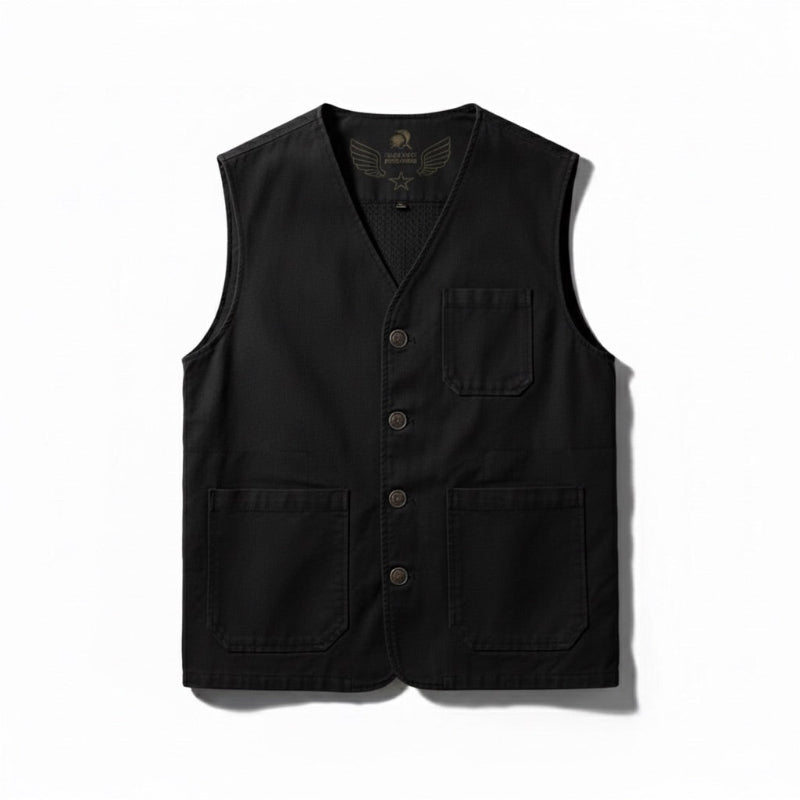 Luciano Men's Timeless Vest in black cotton – timeless men's utility vest with front buttons and classic pockets by Polumi.