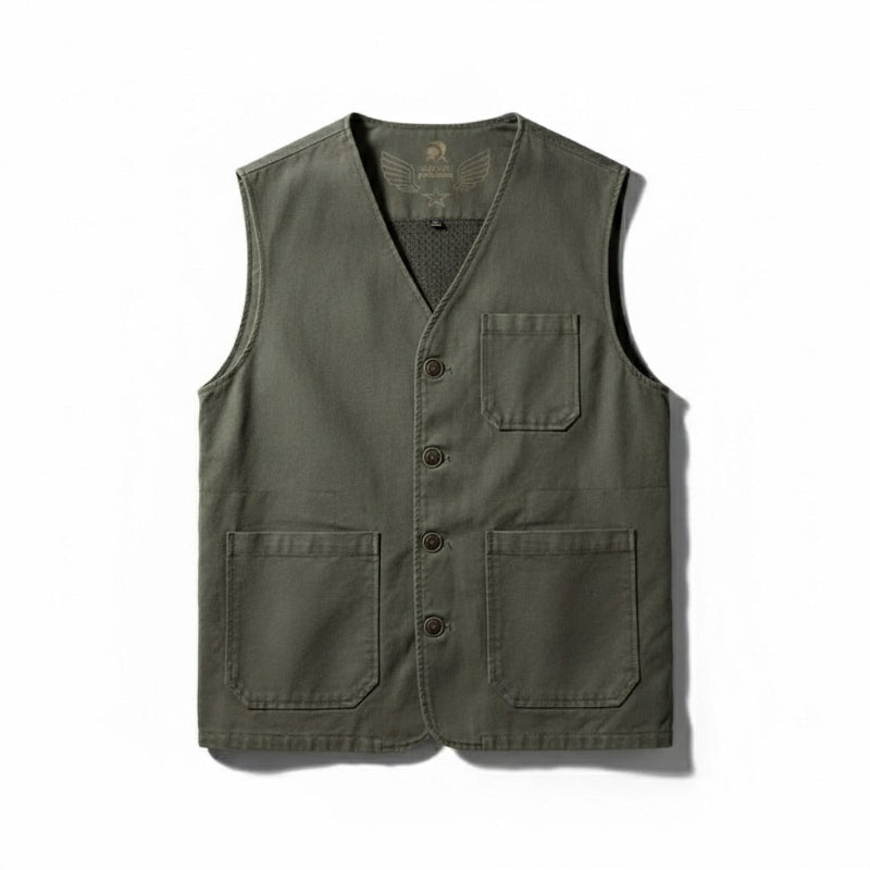 Luciano Men's Timeless Vest in green cotton – versatile men's workwear-inspired vest with button closure and pocket details by Polumi.